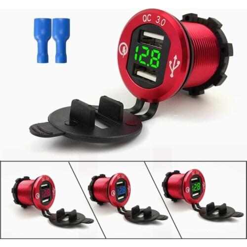 1 PCS QC 3.0 Car Charger with Digital Voltmeter For 12V/24V Car Motorcycle ABS+Aluminum Alloy for SUV Boat Car Motorcycle
