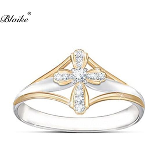 Blaike Silver Color Cross Rings For Women Vintage Inlay Zircon Wedding Party Designer Ring Anniversary Gifts