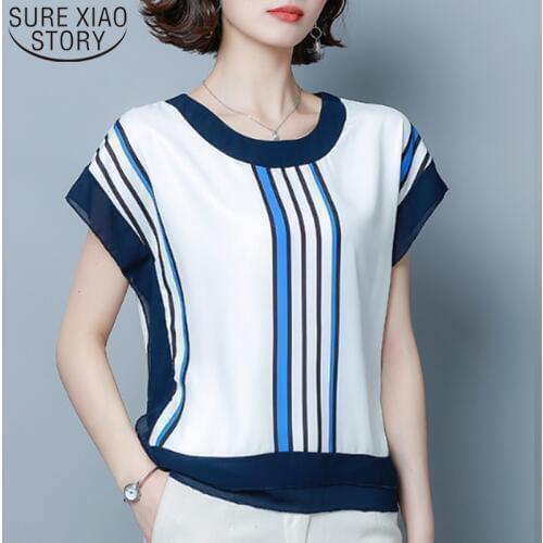 2021 women shirts summer Striped chiffon blouse fashion women short sleeve womens tops and blouses 4537 50