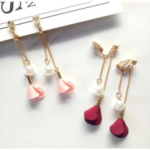 Bohemia Fashion Fabric Flower Pearl Long Tassel Earrings Rhinestone Non Pierced Ear Clip On Earrings Women Girls Ear Cuff