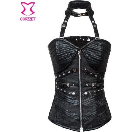 Black Brocade & Leather Zipper Bustier Top Steampunk Corset Gothic Clothing Punk Rock Armor Corsets and Bustiers Steel Bone