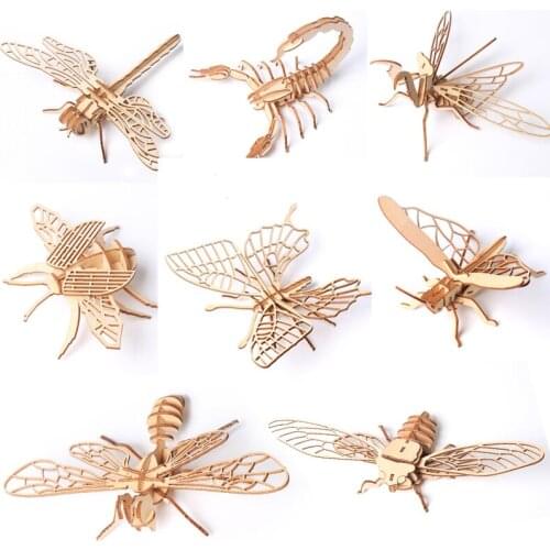 Childrens toys Montessori 3D puzzle DIY educational toys insects handmade wooden puzzle assembled toys childrens gift