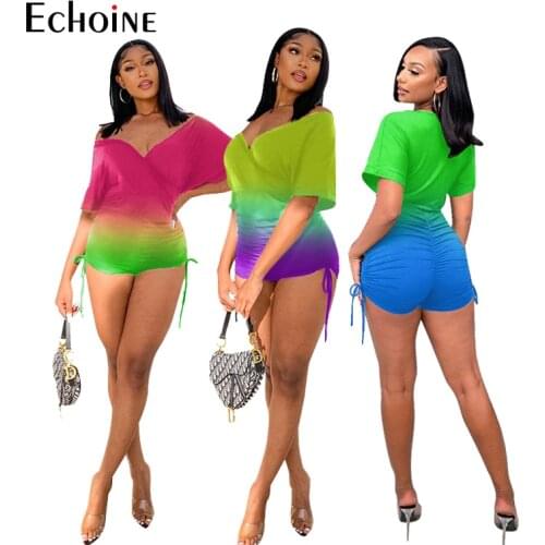 Echoine Women Sexy Highelastic Gradient Print Bodycon fashion Bandage folds Summer Beach Party Playsuits Short Pants Rompers