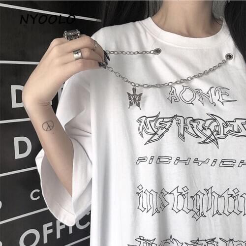 NYOOLO Novelty design Gothic letters print chain butterfly pendant short sleeve t-shirt women men Summer loose O-neck tee tops