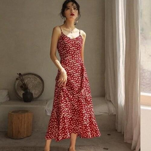 Sweet Girl French Gentle Vintage Floral Chiffon Camis Dress Elegant Woman Summer V-neck Daisy Chic Feminine Sling Midi Dress