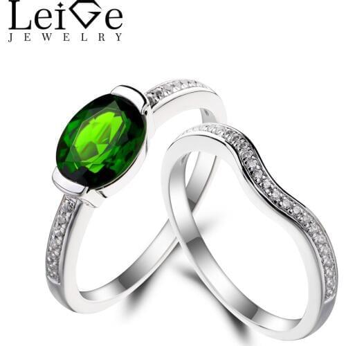 Leige Jewelry Natural Diopside Ring Diopside Wedding Ring Green Gemstone Bridal Sets Rings 925 Sterling Silver Anniversary Gifts