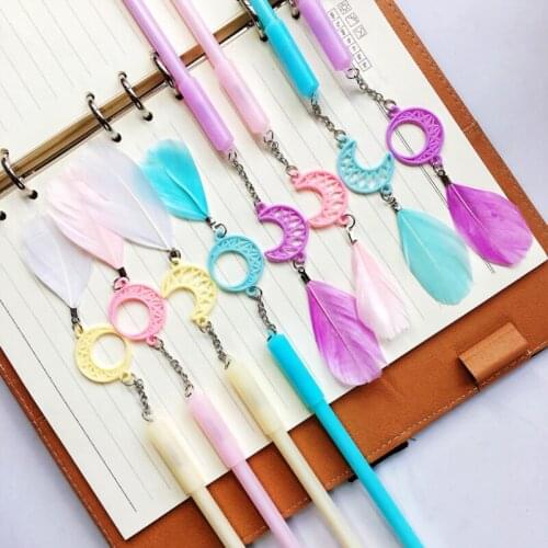2pc Moon Feather Gel Pen Black Signature Pen Promotional Student Stationery School & Office Supply Moon Feather Pendant Gel Pen
