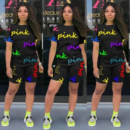 Two Piece Set Women Pink Outfit Summer New Arrival 2021 Tracksuit Clothing Letter Print Matching Casual 2 Piece Biker Short Sets