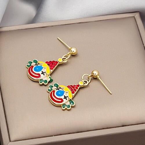 Korean Fashion Funny Clown Circus Hook Earring for Women Girls Metallic Rhinestone Dangle Earring Stylish Jewelry Pendientes