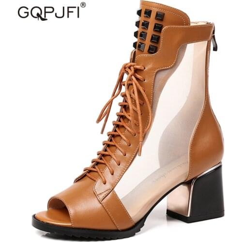 Fish Mouth Mesh Yarn Cool Boots Hollow Out Martin Boots Thick Heel Lace-up Bare Boots Party Dress Shoes Open Toe High Heels