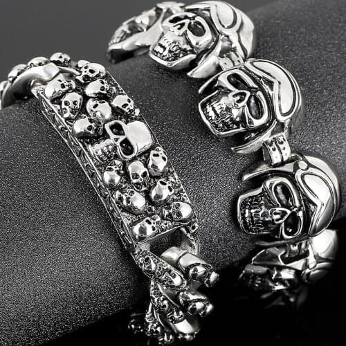 Retro Skeleton Skull Bracelets For Men Hiphop Punk Rock Stainless Steel Curb Cuban Bike Biker Chain Bracelet Bangle Jewelry