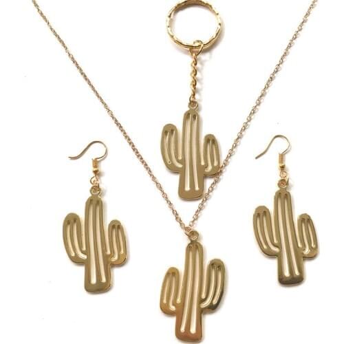Gold color hollowed out cactus pendant necklace summer earrings jewelry set link chain jewellery set women fashion party gift