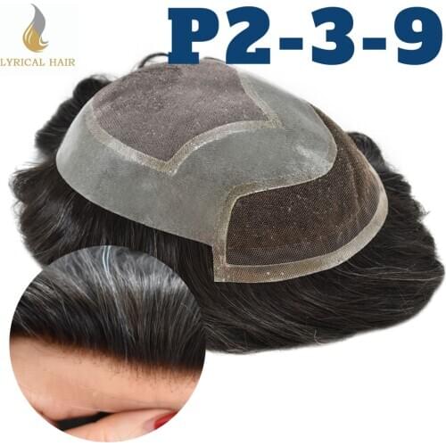 Natural Hairline Lace Front Mens Hair Toupee Bleached Knots Hair System Replacement Hand Tied Thin Skin Black Gray Hair System