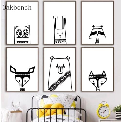 Cartoon Animals Poster Black And White Bear Wall Art Prints Nursery Canvas Painting Nordic Posters And Prints Kids Room Decor