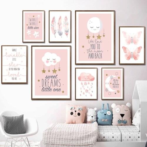 Dream Quotes Nordic Posters Prints Pink Feather Clouds Star Moon Cartoon Art Canvas Painting Wall Pictures For Kids Room Decor