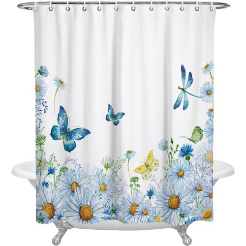 Watercolor Flowers Butterfly Dragonfly Shower Curtains Bathroom Curtain Waterproof Polyester Frabic Bathroom Curtain with Hooks