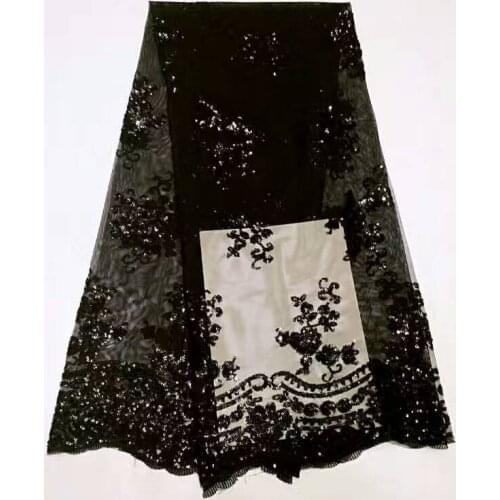 Sequin fabric high quality African lace fabric, sequins fabric black color French tulle lace for dress cloth 5 yard/lot shipping