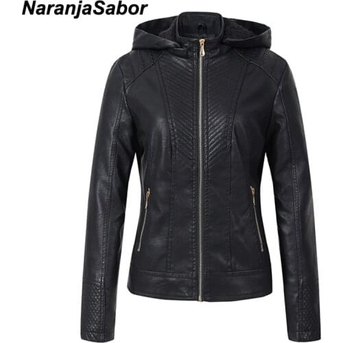 NaranjaSabor New Fleece Faux Leather Jacket Women Hooded Winter Autumn Lady Motorcycle PU Jacket Casual Slim Female Coat NQ010