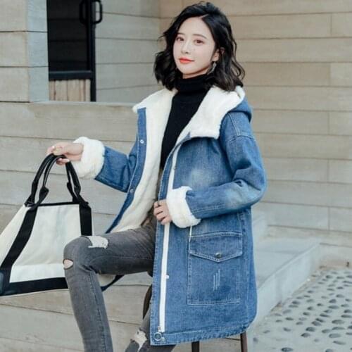 Women Winter Thick Fur Lining Long Jacket Loose Fit Casual Denim Coat Hoody Overcoat Outwear Jean Chaqueta Streetwear Warm Coats