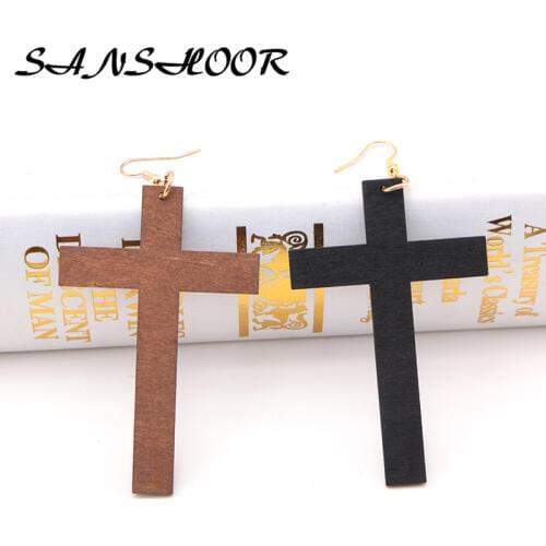 SANSHOOR Black Brown 8cm*5.2cm Wooden Cross Earrings Fit Paiting For Women Handmade Painting Gifts 6Pairs/lot