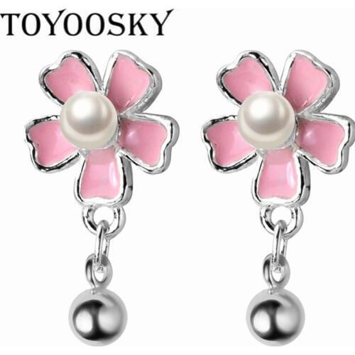 TOYOOSKY New Trendy 925 Sterling Silver Pink Daisy Flower Stud Earrings for Women Silver Jewelry Girls Birthday Gift