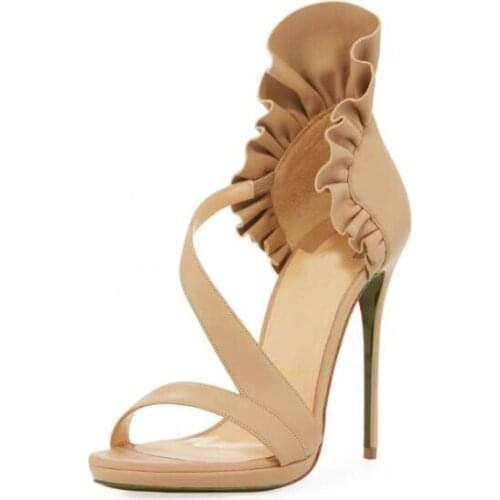 Moraima Snc Nude Leather Ruffles High Heel Shoes Summer Open Toe Thin Heels Party Shoes Cutouts Gladiator Sandal Women Pumps