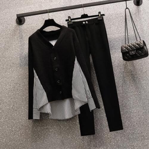 Oversized 5XL Women Sets Knitted Patchwork Striped Shirts And Elastic Ankle Length Pant Casual All Match Female Pants Suits