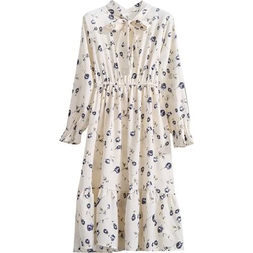 Womens Dot Floral Long Sleeve Bowknot Midi Dress Elegant Slim Elastic Waist Mid-length Dress Bohemia Beach Holiday Casual Dress