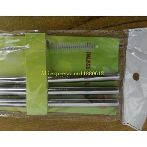 100sets/lot Free Shipping 1set =3pcs 9.5*215mm straws +1pcs brush Metal Drinking Straw Stainless Steel Drinking Straw