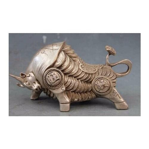 ---403+++China Folk White Copper Silver Fengshui lUCKY Wealth Cion Cattle Wild ox Statue