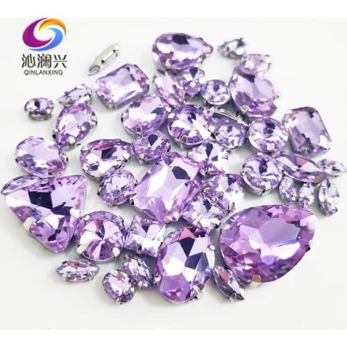 68pcs/pack super flash Crystal violet color mix shape top glass crystal material sew on claw rhinestones,diy/Clothing accessorie