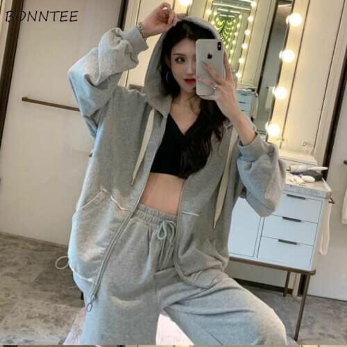 Basic Jackets Women Grey Loose Hooded Drop Shoulder Korean Style Solid Simple Students All-match Streetwear Cool Daily Coats New