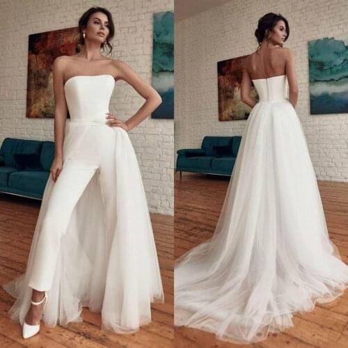 White Modest Jumpsuit Wedding Dresses With Detachable Train Strapless Ankle Length Bridal Gowns Backless Country Wedding Gown