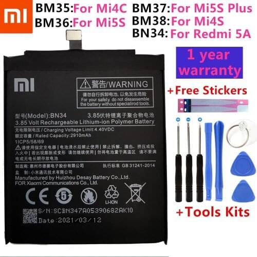 BM35 BM36 BM37 BM38 BN34 Battery For Xiaomi Redmi 5A 5.0" Mi 4C 5C 4S 5S Plus Mi4C Mi5S Mi5C Replacement Lithium Polymer Bateria