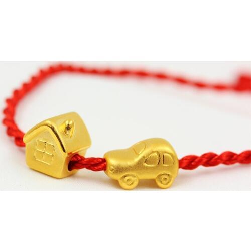 Pure 999 24k Yellow Gold Pendant 3D Luck Small House Car For Women Men Baby Red Knitted Black Rope Weaving Bracelet 1-1.5g