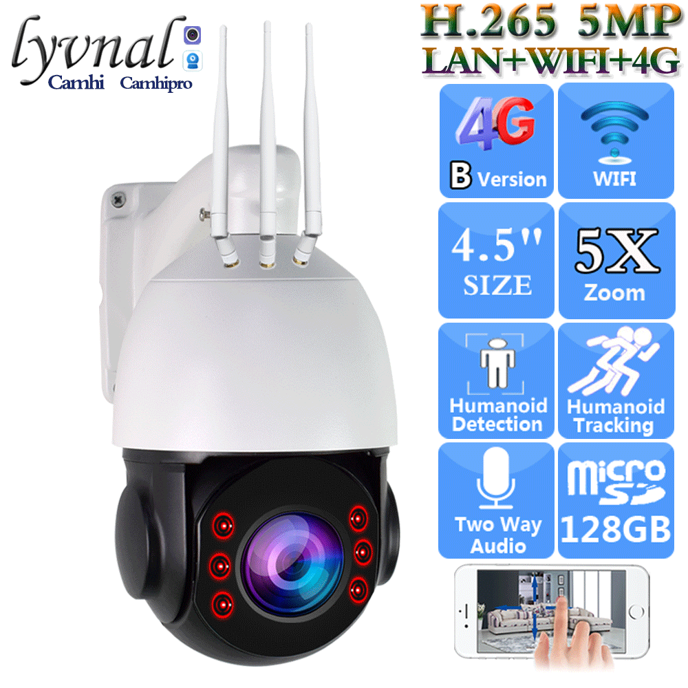 3G 4G SIM Card Camera H.265 5MP Wireless PTZ IP Camera Wifi Speed Dome Outdoor 5X 20X Zoom SD Card Slot Two Way Audio wifi PTZ