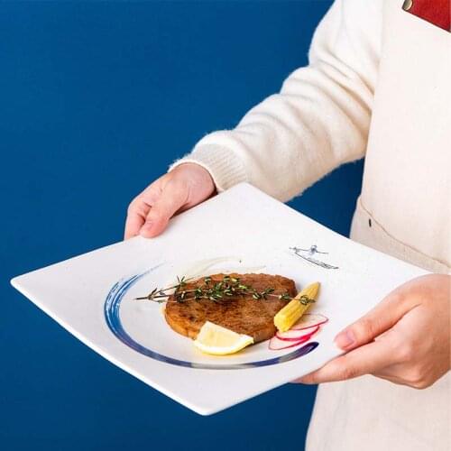 Japanese-style ceramic dish plate square plate home creative hand-painted western food plate sushi plate breakfast plate illustr