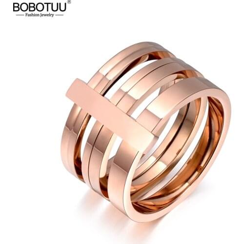 BOBOTUU Classic 3 Layers Rose Gold Stainless Steel Female Finger Rings Wedding Engagement Jewelry For Women Girls BR19049