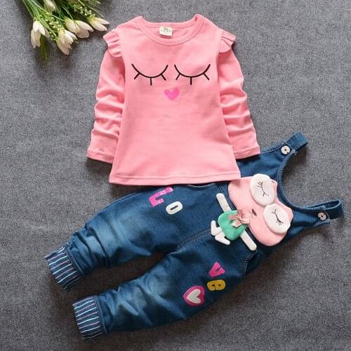 BibiCola baby girls clothing sets spring autumn newborn baby cotton t-shirt+bib denim pants 2pcs tracksuits for bebe girls suits