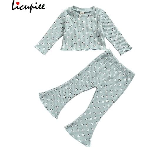 1-4 Years Full Sleeve 2 Pieces Kids Suit Set, Toddler Floral Print Round Neck Long Sleeve Blouse+ Flared Pants for Girls