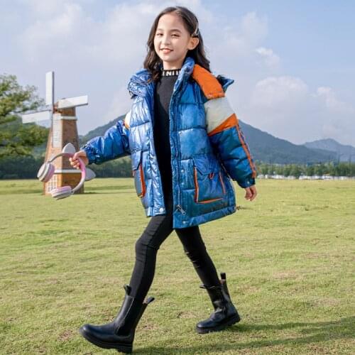 Girls Fashion Shiny Thick Coat Winter Hoodie Letter Printing Childrens Cotton Coat White And Blue Casual Stitching Cotton Coat