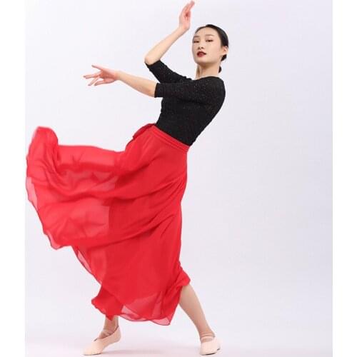 Plus Size Solid Color Belly Dancing Skirt Woman Chiffon Split Sexy Gypsy Spanish Flamenco Oriental Ethnic Performance Costumes