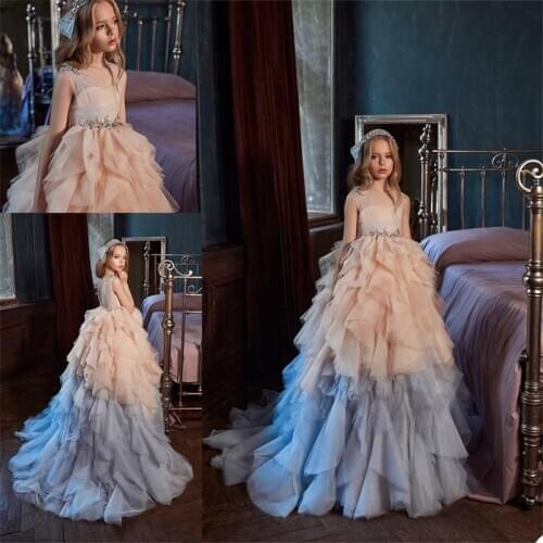 Luxury Champagne Ruffle Flower Girls Dresses Ball Gowns Girls First Communion Dresses Ruffle Dresses Girls Photo Dress Custom