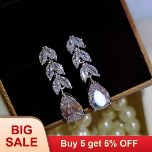 Fashion Female Crystal Leaf Drop Earrings 925 Sterling Silver White Zircon Earrings Boho Wedding Jewelry Long Dangle Earrings