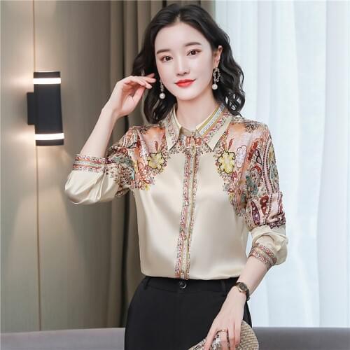 TingYiLi Women Spring Vintage Floral Silk Blouses Korean Elegant Office Wear Button Up Shirt Ladies Retro Beige Black Tops XXXL