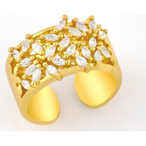 FLOLA Crystal Olive Leaf Rings For Women With Stone Adjustable Open Cuff Rings Statement CZ Zirconia Gold Filled Jewelry rigj58