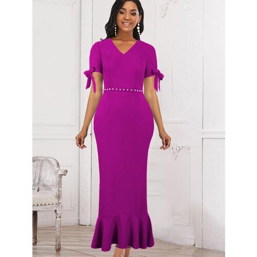 Women Elegant Dress V Neck Bodycon High Waist Beads Short Sleeve Ruffles Office Ladies Evening Party Robes Plus Size Summer New