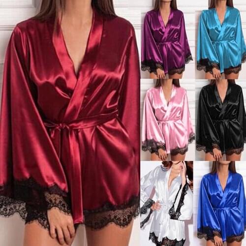 2021 Women Short Satin Dress Soft Nightdress Silk Lace Belt Lingerie Bath Robe Female Nightgown Sleepwear Sexy Robe Women Pajama