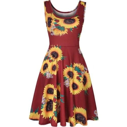 Summer Woman Knee Length Yellow Chrysanthemum Sleeveless O-neck Pullover Casual Red Big Hem A-line Dress