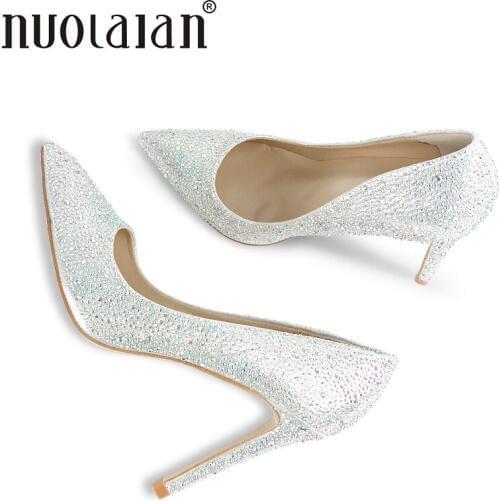2018 Brand fashion women pumps 10cm crystal high heels shoes for women sexy pointe toe high heels party wedding shoes woman
